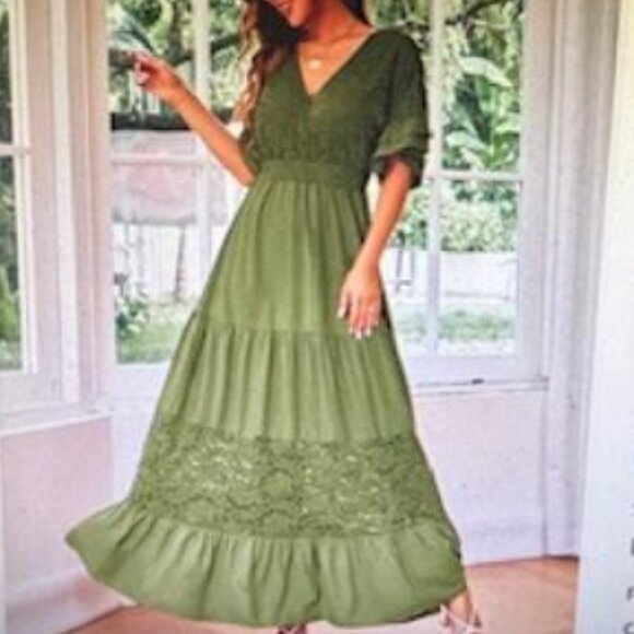 Simplee V Neck Formal Lace Maxi Dress Ruffle Flowy Short Sleeve Boho Green NWT S - Picture 3 of 8